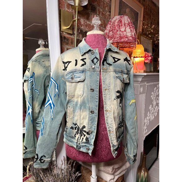Unisex "Embellish" Custom Painted Distressed Denim Jacket With Painted Graphics - Picture 2 of 16